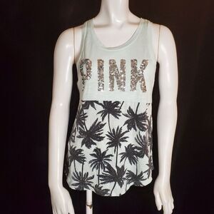 Pink Victoria's Secret Blue, Black, & Silver Sequined Palm Tree Tank (XS)